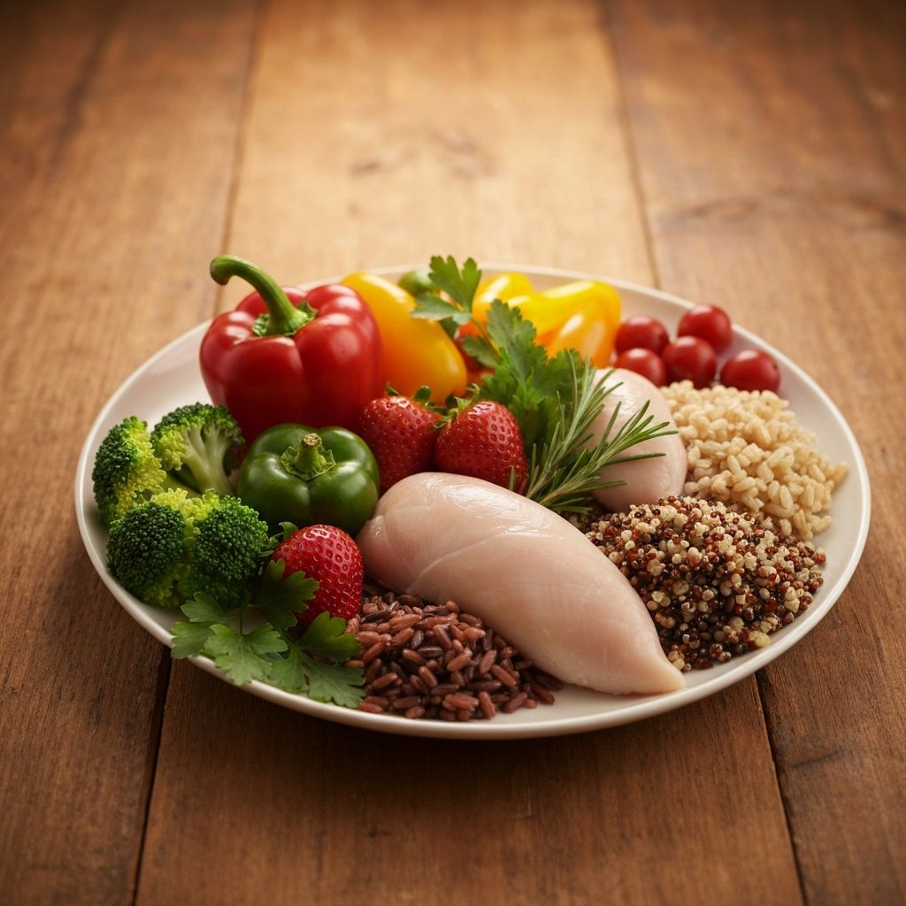 Colorful balanced plate with vegetables and grains